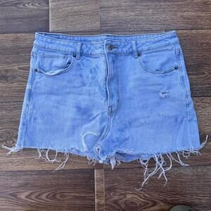 American Eagle Womens Blue Dyed Denim Shorts Frayed Hem Size 12